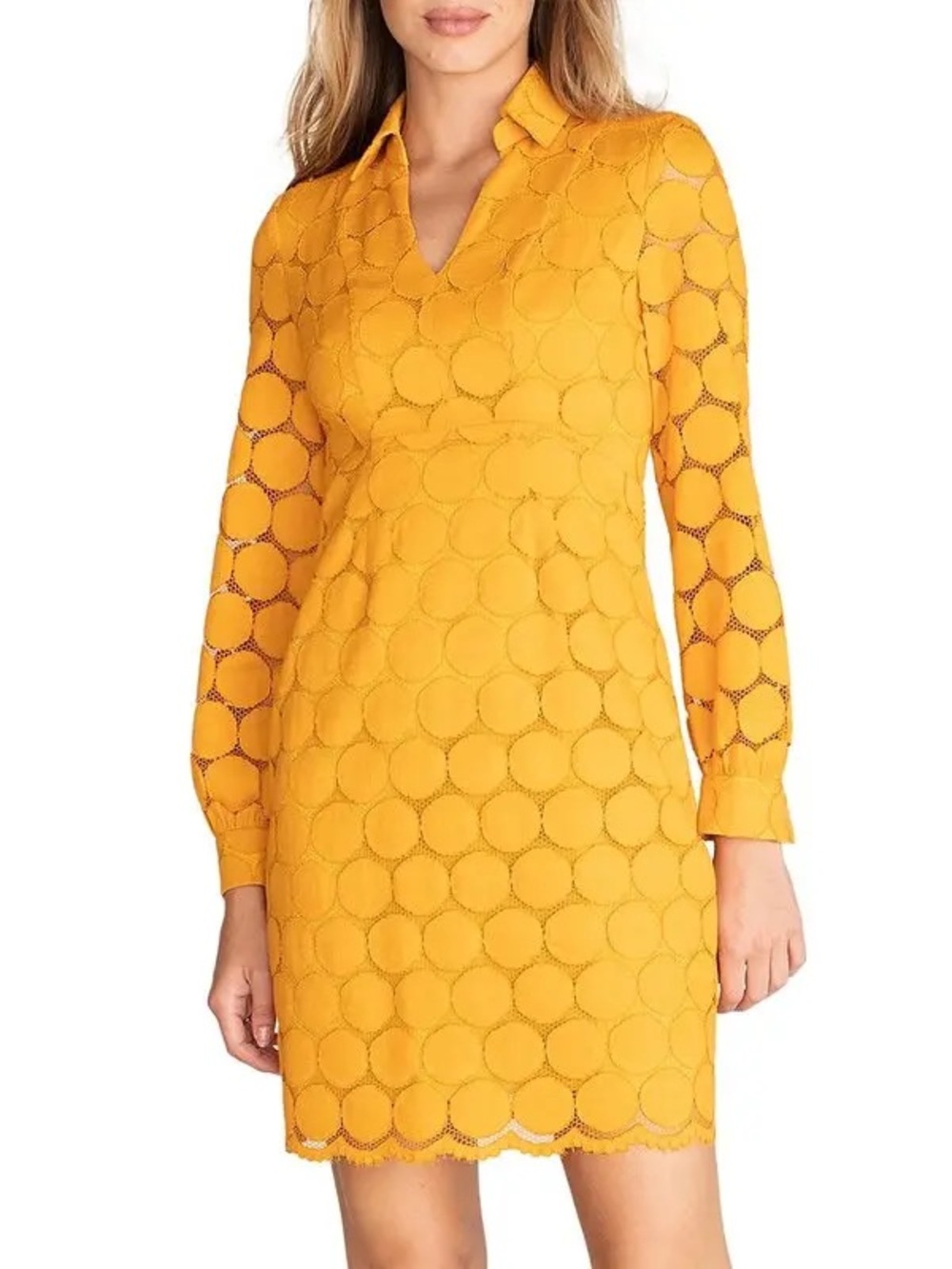 Trina Turk Yellow Lace Shift Dress S 60s Mod Retro Quiet Luxury Palm Beach EUC